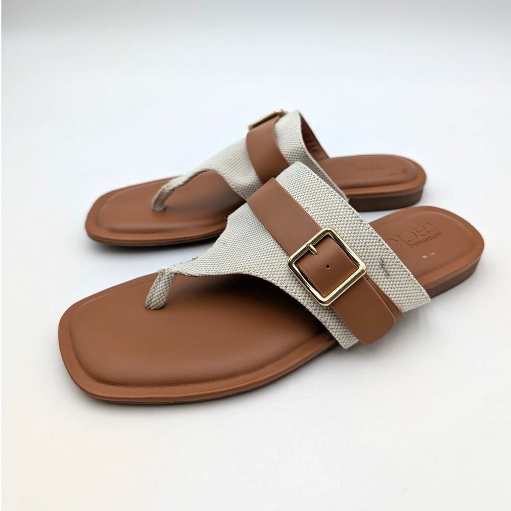 Nordstrom Rack Casen T-Strap Flat Sandals Women's Ivory/Cognac Sz US6M EU36